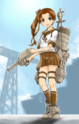 Rule 34 | 10s, 1girl, antennae, asymmetrical hair, ayanami (kancolle), backpack, bag, brown hair, brown socks, brown skirt, cannon, from below, full body, kantai collection, kneehighs, machinery, open mouth, pleated skirt, sailor collar, shirt, short sleeves, side ponytail, skirt, socks, solo, standing, thigh strap, tsuwabuki-san, turret, white shirt