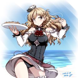 Rule 34 | 1girl, 547th sy, ascot, bare shoulders, black panties, blonde hair, blue sky, braid, breasts, brown eyes, cleavage cutout, clothing cutout, cloud, cloudy sky, corset, day, food, french braid, hat, kantai collection, large breasts, long hair, mini hat, miniskirt, ocean, panties, pizza, red skirt, shirt, skirt, sky, solo, tray, underwear, water, wavy hair, white shirt, zara (kancolle), zara due (kancolle)