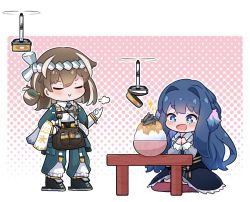 Rule 34 | 2girls, :&gt;, :d, arknights, astesia (arknights), black footwear, black skirt, blue eyes, blue hair, blue pants, blush, bowl, brown hair, can, canned food, chibi, closed eyes, closed mouth, collared shirt, commentary, commission, cushion, drooling, english commentary, fish (food), food, gloves, grey shirt, hair intakes, halftone, halftone background, kurotofu, long hair, magallan (arknights), mouth drool, multicolored hair, multiple girls, official alternate costume, ok sign, open mouth, own hands together, pants, rice, rice bowl, shaved ice, shirt, shoes, skirt, smile, streaked hair, very long hair, white gloves, zabuton