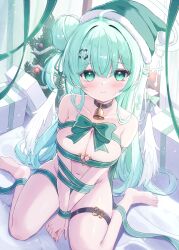 Rule 34 | 1girl, angel, angel wings, barefoot, bell, black choker, blush, box, breasts, choker, christmas, christmas tree, closed mouth, commentary, gift, gift box, green eyes, green hair, green hat, green ribbon, hair bun, hair ornament, halo, hat, highres, large breasts, long hair, looking at viewer, mikaze oto, naked ribbon, navel, neck bell, original, ribbon, santa hat, single hair bun, single side bun, sitting, solo, symbol-only commentary, toenails, toes, very long hair, white halo, white wings, wings
