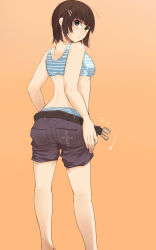 Rule 34 | 1girl, back, belt, bra, brown eyes, brown hair, clothes pull, from behind, glasses, hair ornament, hairclip, highres, kagematsuri, looking back, open belt, orange background, original, panties, pulled by self, short hair, shorts, shorts pull, solo, sports bra, striped bra, striped clothes, striped panties, striped sports bra, underwear, undressing