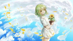 Rule 34 | 1girl, absurdres, collared shirt, day, falling petals, flower, green eyes, green hair, gumi, highres, holding, looking at viewer, looking back, petals, plant, potted plant, putty (kusanntonn), shirt, short hair, short sleeves, skirt, sky, smile, solo, sunflower, vocaloid
