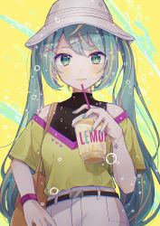 Rule 34 | 1girl, absurdres, belt, black belt, blue hair, blue nails, chikapop39, closed mouth, drinking straw, green eyes, hair ornament, hairclip, hat, hatsune miku, highres, holding, long hair, looking at viewer, nail polish, off-shoulder shirt, off shoulder, pants, shirt, short sleeves, smile, solo, star bracelet, twintails, upper body, very long hair, vocaloid, white hat, white pants, x hair ornament, yellow background, yellow shirt