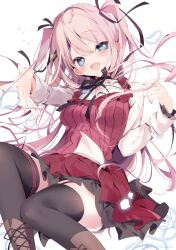 Rule 34 | 1girl, black ribbon, black thighhighs, boots, breasts, brown footwear, dress, hair ribbon, highres, long hair, looking at viewer, medium breasts, open mouth, original, pink hair, red dress, ribbon, simple background, smile, solo, sushimekabu, thighhighs, white background