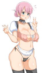 Rule 34 | 1girl, apron, bikini, black bikini, black collar, black thighhighs, blue eyes, blush, bocchi the rock!, breasts, cleft of venus, collar, collarbone, covered erect nipples, detached collar, detached sleeves, dot nose, double v, embarrassed, eyebrows, female focus, gotoh michiyo, hair up, hands up, highres, large breasts, looking down, maid, mature female, microapron, navel, norakuro nero, open mouth, pink bikini, pink hair, puffy short sleeves, puffy sleeves, short hair, short sleeves, side-tie bikini bottom, simple background, solo, standing, surprised, swimsuit, thick thighs, thighhighs, thighs, unconventional maid, v, white apron, white background, white sleeves, wide hips