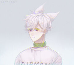 Rule 34 | 1boy, animal ears, artist name, astrocatsama, cat ears, choker, closed mouth, commentary, english commentary, frown, gradient background, green choker, grey background, light blush, looking at another, male focus, mole, mole under eye, original, red eyes, shirt, short hair, simple background, solo, t-shirt, upper body, white hair, white shirt, white sleeves