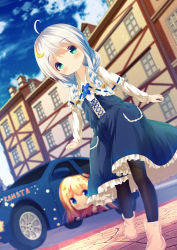Rule 34 | 1girl, ahoge, bad id, bad pixiv id, beige footwear, black pantyhose, blue dress, blue sky, blurry, blurry background, blush, boots, braid, building, capelet, car, chinomaron, closed mouth, cloud, commentary request, crescent, crescent hair ornament, day, depth of field, dress, dutch angle, green eyes, hair between eyes, hair bobbles, hair ornament, head tilt, highres, house, itasha, long sleeves, looking at viewer, low twintails, motor vehicle, original, outdoors, pantyhose, ribbon-trimmed capelet, ribbon trim, silver hair, sky, smile, solo, twin braids, twintails, walking, white capelet, window