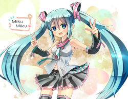 Rule 34 | 1girl, :d, aqua eyes, aqua hair, bare shoulders, black thighhighs, blush, character name, detached sleeves, double v, hatsune miku, heart, long hair, necktie, open mouth, skirt, smile, solo, thighhighs, twintails, unomi, v, very long hair, vocaloid