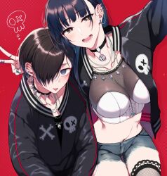 Rule 34 | 1boy, 1girl, :d, :p, alternate costume, between breasts, black hair, black jacket, blue eyes, blush, boku no kokoro no yabai yatsu, breasts, brown eyes, brown hair, chain necklace, choker, cleavage, collarbone, earrings, eyebrows hidden by hair, hair over one eye, hug, ichikawa kyoutarou, jacket, jewelry, large breasts, long hair, looking at viewer, midriff, multiple piercings, navel, necklace, one eye covered, open mouth, piercing, pochi (pochi-goya), red background, ring, short hair, smile, spiked choker, spikes, stomach, sukajan, tongue, tongue out, tongue piercing, upper body, yamada anna