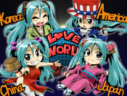 Rule 34 | angelin, aqua hair, china, china dress, chinese clothes, dress, green eyes, hanbok, hat, hatsune miku, japan, japanese clothes, kimono, korea, korean clothes, smoking pipe, top hat, twintails, uncle sam, united states, vocaloid