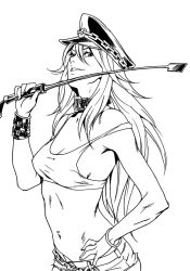 Rule 34 | 1girl, breasts, capcom, female focus, final fight, greyscale, hat, long hair, mana30row, midriff, monochrome, navel, navel piercing, piercing, poison (final fight), riding crop, shorts, simple background, solo, street fighter, white background
