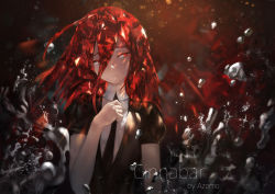 Rule 34 | ahoge, androgynous, arm at side, artist name, azomo, black necktie, cinnabar (houseki no kuni), closed mouth, expressionless, gender request, glint, hair between eyes, hand on own chest, highres, houseki no kuni, long hair, looking at another, mercury (element), necktie, red eyes, red hair, short sleeves, solo, upper body