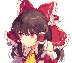 Rule 34 | 1girl, arm garter, ascot, bare shoulders, bow, brown hair, closed mouth, commentary, detached sleeves, frilled bow, frilled shirt collar, frills, hair bow, hair tubes, hakurei reimu, long hair, looking away, orange eyes, ponytail, raised eyebrows, red bow, red eyes, red ribbon, red shirt, ribbon, ribbon-trimmed collar, ribbon trim, shirt, sidelocks, simple background, sleeve bow, sleeveless, sleeveless shirt, solo, tomobe kinuko, touhou, upper body, white background, yellow ascot
