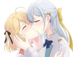 2girls anisphia_wynn_palettia black_ribbon blonde_hair blue_bow blue_bowtie blush bow bowtie closed_eyes coat commentary euphyllia_magenta grey_hair hair_ribbon hand_on_another&#039;s_cheek hand_on_another&#039;s_face jacket kiss kyoko_(kyouko0120) long_hair medium_hair multiple_girls ribbon simple_background tears tensei_oujo_to_tensai_reijou_no_mahou_kakumei upper_body white_background white_coat white_jacket yellow_ribbon yuri