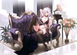 Rule 34 | 1girl, absurdres, black thighhighs, breasts, couch, elf, full body, high heels, highres, holding, large breasts, looking at viewer, lying, on back, original, pointy ears, purple eyes, scan, silver hair, simple background, solo, sora 72-iro, thighhighs, thighs