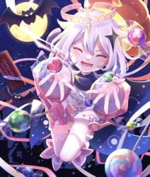 Rule 34 | &gt;:), 1girl, 3mlie, bat (animal), blue scarf, candy, chocolate, chocolate bar, closed eyes, commentary, fang, food, full body, full moon, genshin impact, hair ornament, halloween, halo, highres, lollipop, lower teeth only, moon, night, open mouth, outstretched hand, paimon (genshin impact), pumpkin, ribbon, scarf, shoes, short hair, silhouette, silver hair, single thighhigh, skin fang, solo, teeth, thighhighs, twitter username, v-shaped eyebrows, wrapped candy