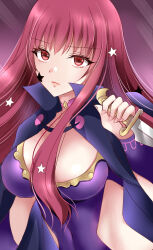 Rule 34 | 1girl, breasts, clothing cutout, commentary request, covered navel, facial mark, fire emblem, fire emblem engage, highres, holding, holding knife, holding weapon, kirishima riona, knife, large breasts, long hair, looking at viewer, nintendo, red eyes, red hair, reverse grip, solo, star (symbol), stomach cutout, upper body, very long hair, weapon, yunaka (fire emblem)