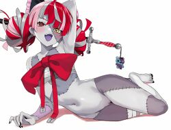 Rule 34 | 1girl, :d, absurdres, barefoot, black nails, blush, bow, bowtie, chest sarashi, colored skin, completely nude, double bun, grey hair, grey skin, hair bun, heterochromia, highres, hololive, hololive indonesia, kureiji ollie, long hair, looking at viewer, lying, multicolored hair, multicolored skin, navel, nude, object through head, on side, open mouth, patchwork skin, pink hair, pussy, red bow, red bowtie, red eyes, red hair, sarashi, simple background, smile, solo, stitched arm, stitched face, stitched leg, stitches, sword in head, toes, two-tone skin, virtual youtuber, wanwan (ilol9), white background, yellow eyes, zombie
