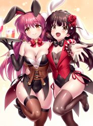 Rule 34 | 1boy, 1girl, :d, absurdres, animal ears, arm around waist, bare shoulders, black bow, black bowtie, black footwear, black gloves, black hair, black leotard, black thighhighs, blush, bow, bowtie, breasts, brown eyes, brown thighhighs, c:, cleavage, closed mouth, commentary, commission, company connection, cosplay, cup, curvy, drinking glass, elbow gloves, english commentary, eyes visible through hair, fake animal ears, fake tail, floppy ears, flower, futaki kanata, glass, gloves, hair between eyes, hair flower, hair ornament, haizakura (prima doll), haizakura (prima doll) (cosplay), hand up, happy, high heels, highleg, highleg leotard, highres, holding, holding tray, hug, karasuba (prima doll), karasuba (prima doll) (cosplay), key (company), large breasts, leotard, little busters!, long hair, looking at viewer, naoe riki, open mouth, outstretched arm, playboy bunny, pom pom (clothes), pom pom hair ornament, prima doll (anime), purple hair, rabbit ears, rabbit tail, red bow, red bowtie, red flower, red rose, rose, second-party source, shiny skin, side-by-side, simple background, skeb commission, smile, standing, standing on one leg, strapless, strapless leotard, tail, tareme, thighhighs, thighs, trap, tray, tsurime, very long hair, white wrist cuffs, wine glass, wrist cuffs, yellow background, yellow eyes, zen (kamuro)