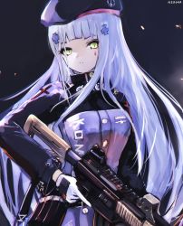 Rule 34 | 1girl, artist name, assault rifle, bad id, bad pixiv id, beret, black hat, blue hair, breasts, commentary request, girls&#039; frontline, gloves, green eyes, gun, h&amp;k hk416, hair ornament, hat, hk416 (girls&#039; frontline), holding, holding gun, holding weapon, jacket, long hair, long sleeves, looking at viewer, medium breasts, nekoya (liu), parted lips, purple jacket, rifle, signature, solo, trigger discipline, upper body, very long hair, weapon, white gloves