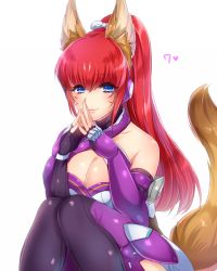 Rule 34 | 10s, 1girl, animal ears, bare shoulders, blue eyes, blush, breasts, closed mouth, criss-cross halter, facial mark, fox ears, fox tail, halterneck, heart, kamemura koryu/yukina, knees together feet apart, light smile, long hair, medium breasts, ponytail, red hair, rin (show by rock!!), show by rock!!, simple background, sitting, solo, steepled fingers, tail, whisker markings, white background