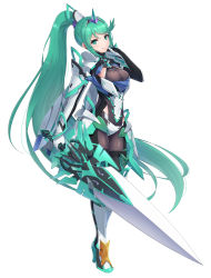 Rule 34 | 1girl, absurdly long hair, armor, breasts, cowboy shot, earrings, female focus, full body, gem, gloves, gonzarez, green eyes, green hair, hair ornament, headpiece, high heels, highres, holding, holding sword, holding weapon, jewelry, long hair, looking at viewer, matching hair/eyes, nintendo, pantyhose, pneuma (xenoblade), ponytail, shoulder armor, simple background, smile, solo, spoilers, standing, swept bangs, sword, thighhighs, thighs, tiara, very long hair, weapon, white background, xenoblade chronicles (series), xenoblade chronicles 2