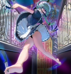 Rule 34 | 1girl, apron, barefoot, between fingers, between toes, black dress, black panties, blue eyes, bow, braid, candle, chandelier, dress, feet, frilled dress, frills, full body, green bow, hair bow, highres, holding, holding knife, holding with feet, indoors, izayoi sakuya, jumping, knife, knives between fingers, kouno (masao), looking at viewer, maid, maid headdress, outstretched arms, panties, pantyshot, plantar flexion, revision, silver hair, soles, solo, spread arms, stained glass, toes, touhou, twin braids, underwear, waist apron, wind, wind lift