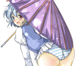 Rule 34 | 1girl, ass, ayase miko, blush, female focus, from behind, heterochromia, looking back, open mouth, panties, simple background, smile, solo, striped clothes, striped panties, tatara kogasa, touhou, umbrella, underwear, white background