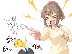 Rule 34 | &gt; &lt;, 1girl, 1other, bad id, bad pixiv id, bare shoulders, black jacket, blue neckwear, blush, breasts, brown hair, brown sweater, closed eyes, collarbone, collared shirt, formal, hair between eyes, hair ornament, hair scrunchie, holding, holding spoon, hori yuko, idolmaster, idolmaster cinderella girls, jacket, lightning bolt symbol, neck snap, necktie, off-shoulder sweater, off shoulder, open mouth, p-head producer, ponytail, producer (idolmaster), psychic, red scrunchie, scrunchie, shirt, simple background, small breasts, spoon, suit, sweat, sweater, translation request, uccow, upper body, white background, white shirt