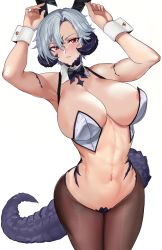 Rule 34 | 1girl, abs, absurdres, animal ears, areola slip, armpits, arms up, au ra, black bow, black bowtie, black horns, blush, bow, bowtie, breasts, brown pantyhose, cleavage, covered erect nipples, detached collar, dragon girl, dragon horns, dragon tail, fake animal ears, final fantasy, final fantasy xiv, grey hair, hair between eyes, highres, horns, large breasts, leotard, lipgloss, looking at viewer, loooyd, navel, original, pantyhose, playboy bunny, rabbit ears, red eyes, scales, short hair, solo, tail, thighs, toned, warrior of light (ff14), white background, wrist cuffs