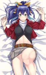 Rule 34 | 1girl, aqua eyes, blue hair, blush, bracelet, breasts, clothes lift, from above, grey skirt, highres, jewelry, long hair, looking at viewer, lying, multicolored hair, navel, on back, on bed, ribbon, serena (yu-gi-oh!), shirt lift, skirt, solo, solo focus, stomach, two-tone hair, yu-gi-oh!, yu-gi-oh! arc-v