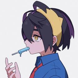 Rule 34 | 1boy, black hair, blue shirt, collared shirt, commentary request, creatures (company), crossed bangs, food, from side, game freak, hairband, hand up, kashima momoki, kieran (pokemon), male focus, mole, mole on neck, mouth hold, necktie, nintendo, pokemon, pokemon sv, popsicle, red necktie, shirt, short hair, teeth, upper body, upper teeth only, yellow eyes, yellow hairband