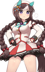 Rule 34 | 1girl, asymmetrical gloves, bike shorts, black gloves, bow, braid, breasts, brown hair, buttons, cowboy shot, double-breasted, ear covers, gloves, hair bow, hands on own hips, hat, highres, hokko tarumae (umamusume), horse girl, jacket, long hair, long sleeves, looking at viewer, medium breasts, mismatched gloves, multicolored hair, pout, purple eyes, simoyuki, skirt, solo, streaked hair, thighs, twin braids, umamusume, very long hair, white background, white gloves, white jacket, white skirt