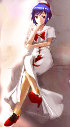 Rule 34 | 1girl, aika granzchesta, aria (manga), blue hair, bow, bowtie, closed mouth, crossed legs, dress, eyelashes, hand up, high heels, himeya company uniform, long dress, parted bangs, red bow, red bowtie, red footwear, red headwear, sailor collar, shadow, short hair, short sleeves, side slit, sidelocks, sitting, sketch, smile, solo, swept bangs, telaform, two-tone headwear, white dress, white headwear, yellow eyes