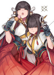 Rule 34 | 2girls, black gloves, black hair, blunt bangs, blush, breasts, dango, fewer digits, food, gloves, hair ornament, hinoa, japanese clothes, long hair, looking at viewer, minoto, monster hunter (series), monster hunter rise, multiple girls, ohland, pointy ears, siblings, sidelocks, sisters, smile, twins, wagashi, yellow eyes