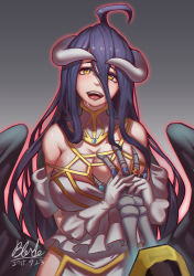 Rule 34 | 1girl, ainz ooal gown, albedo (overlord), black feathers, black hair, grabbing another&#039;s breast, breasts, demon girl, feathers, gloves, grabbing, gradient background, guided breast grab, guiding hand, hair between eyes, highres, horns, huge breasts, long hair, looking at viewer, low wings, overlord (maruyama), pov, qblade, saliva, teeth, upper teeth only, wings, yellow eyes
