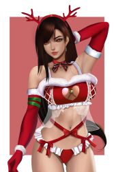 Rule 34 | 1girl, alternate costume, antlers, bell, black hair, border, bra, breasts, brown hair, choker, christmas, cleavage cutout, closed mouth, clothing cutout, commentary, commission, cowboy shot, dangle earrings, earrings, elbow gloves, english commentary, eyelashes, facing viewer, fake antlers, female focus, final fantasy, final fantasy vii, frilled panties, frills, fur-trimmed gloves, fur trim, gloves, gluteal fold, hairband, heart cutout, highres, horns, jewelry, jingle bell, kittymiya, large breasts, lingerie, long hair, looking to the side, navel, panties, red bra, red choker, red eyes, red gloves, red hairband, red lips, red panties, reindeer antlers, ribbon choker, santa costume, santa gloves, single earring, solo, stomach, thighs, tifa lockhart, underwear, white border