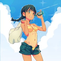Rule 34 | 1girl, ammonio, bikini, black hair, bottle, bow, bow panties, braid, breasts, brown eyes, cleavage, cloud, cowboy shot, day, denim, denim shorts, grin, holding, long hair, looking at viewer, md5 mismatch, navel, one-piece tan, open fly, original, outline, panties, resolution mismatch, shorts, simple background, sky, small breasts, smile, solo, source larger, star-shaped pupils, star (symbol), swimsuit, symbol-shaped pupils, tan, tanline, towel, twin braids, underwear, yellow bikini