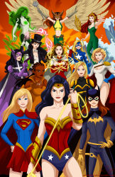 Rule 34 | 6+girls, amazon warrior, arm up, armor, arms up, barbara gordon, bare legs, bare shoulders, batgirl, birds of prey, black canary, black hair, blonde hair, blue eyes, blue gloves, bodysuit, bow, bow (weapon), bowtie, bracelet, braid, breasts, brown hair, cape, claws, cleavage, cleavage cutout, clothing cutout, collarbone, colored skin, courtney whitmore, crossbow, dark-skinned female, dark skin, dc comics, detached collar, everyone, female focus, flying, gloves, green hair, green skin, grey gloves, grin, hand on own hip, hat, hawkgirl, highres, holding, huntress (dc), jade (dc), jewelry, justice league, justice society of america, kryptonian, legs, leotard, lips, lipstick, long hair, looking at viewer, mace, magic, magician, makeup, mari jiwe mccabe, mary batson, mask, masquerade, mera, midriff, multiple girls, navel, neck, necklace, outstretched arm, pauldrons, pink lips, polearm, power girl, purple gloves, queen, red cape, red gloves, red hair, red lips, red skirt, s shield, short hair, shoulder armor, single pauldron, skirt, sleeveless, smile, standing, stargirl, strapless, supergirl, tiara, top hat, trident, turtleneck, v-neck, vixen (dc), wand, water, weapon, wonder woman, yellow gloves, zatanna zatara