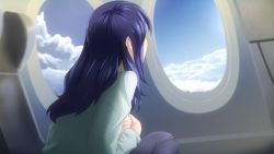 Rule 34 | 1girl, aircraft, airplane, airplane interior, artist request, blue hair, blue sky, cloud, cloudy sky, dark blue hair, day, everlasting summer, from side, game cg, grey shirt, highres, long hair, long sleeves, samantha reed smith, shirt, sitting, sky, solo, upper body, window