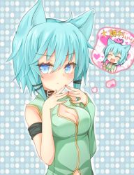 Rule 34 | 10s, 1girl, :d, ^ ^, animal ears, asymmetrical clothes, bad id, bad pixiv id, blue eyes, blue hair, cat ears, cleavage cutout, closed eyes, clothing cutout, closed eyes, fingers together, open mouth, rateratte, short hair, sinon, sinon (sao-alo), smile, sword art online, thought bubble, v