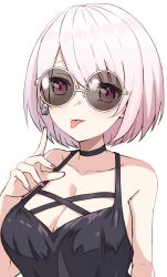 Rule 34 | 1girl, :p, bare shoulders, black choker, black tank top, breasts, choker, cleavage, criss-cross straps, ghost earrings, highres, index finger raised, keikesu, large breasts, looking at viewer, nijisanji, pink eyes, pink hair, pink nails, round eyewear, shiina yuika, shiina yuika (10th costume), short hair, simple background, solo, sunglasses, tank top, tongue, tongue out, upper body, virtual youtuber, white background, white hair