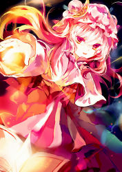 Rule 34 | 1girl, book, capelet, crescent, dress, female focus, glowing, glowing hand, grimoire, hat, kumatangent, long hair, long sleeves, looking at viewer, open mouth, outstretched arm, outstretched hand, patchouli knowledge, pink hair, red eyes, solo, striped clothes, striped dress, touhou, wide sleeves, wind