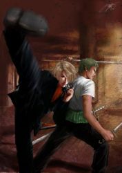 Rule 34 | 2boys, back-to-back, black pants, blonde hair, cigarette, dual wielding, fighting stance, formal, green hair, hair over one eye, haramaki, holding, kicking, male focus, multiple boys, one piece, pants, roronoa zoro, sanji (one piece), suit, sword, weapon