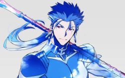 Rule 34 | 1boy, armor, beads, blue hair, blue sky, closed mouth, cloud, cu chulainn (fate), earrings, fate/stay night, fate (series), gae bolg (fate), grey background, hair beads, hair ornament, highres, jewelry, kon manatsu, cu chulainn (fate/stay night), long hair, looking to the side, male focus, pauldrons, ponytail, red eyes, shoulder armor, simple background, sky, solo, spiked hair, type-moon