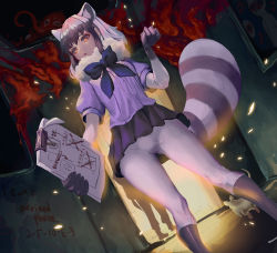 Rule 34 | 1girl, :/, animal ears, arai-san mansion, backlighting, binder clip, blue bow, bow, claw pose, commentary, common raccoon (kemono friends), english text, from below, fur collar, hallway, highres, holding, holding paper, indoors, kemono friends, looking to the side, medium hair, monster, mouse (animal), note, painting (action), pantyhose, paper, pleated skirt, puffy short sleeves, puffy sleeves, purple skirt, raccoon ears, raccoon tail, ribbed shirt, shirt, short sleeves, silhouette, skirt, soma (whitenight1), striped tail, tail, white pantyhose, yellow eyes