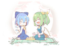 Rule 34 | 2girls, :d, ^ ^, ascot, asutora, blue bow, blue dress, blue hair, blush, bow, chibi, cirno, closed eyes, cup, daiyousei, dress, fairy wings, food, green hair, hair between eyes, hair bow, hair ribbon, hands up, holding, holding cup, holding food, ice, ice wings, multiple girls, one side up, open mouth, picnic basket, pinafore dress, puffy short sleeves, puffy sleeves, ribbon, sandwich, shirt, short hair, short sleeves, sidelocks, sleeveless dress, smile, touhou, white shirt, wings, yellow ascot, yellow ribbon