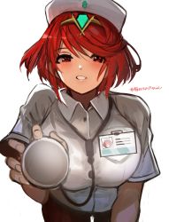 Rule 34 | absurdres, bare arms, blouse, blush, breasts, hat, highres, holding, id card, large breasts, looking at viewer, name tag, nurse, nurse cap, pyra (xenoblade), red eyes, red hair, shirt, short hair, signature, smile, stethoscope, tarbo (exxxpiation), white shirt, xenoblade chronicles (series), xenoblade chronicles 2