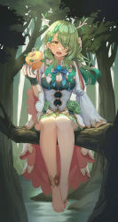 Rule 34 | 1girl, :d, anklet, antlers, apple, asymmetrical legwear, barefoot, braid, braided bangs, branch, breasts, ceres fauna, cleavage, cleavage cutout, clothing cutout, earrings, flower, food, forest, fruit, golden apple, green hair, hair flower, hair ornament, highres, hololive, hololive english, horns, icewind0223, jewelry, large breasts, leaf, long hair, looking at viewer, nature, open mouth, single braid, sitting on branch, smile, thighhighs, toeless legwear, tree, virtual youtuber, water
