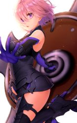 Rule 34 | 1girl, absurdres, armored leotard, black leotard, black thighhighs, breasts, breasts apart, elbow gloves, fate/grand order, fate (series), floating hair, gloves, hair between eyes, haru (re ilust), high heels, highres, holding, holding shield, leg up, leotard, mash kyrielight, medium breasts, open mouth, outstretched arms, outstretched hand, pink hair, purple eyes, shield, short hair, simple background, solo, standing, standing on one leg, thigh strap, thighhighs, white background
